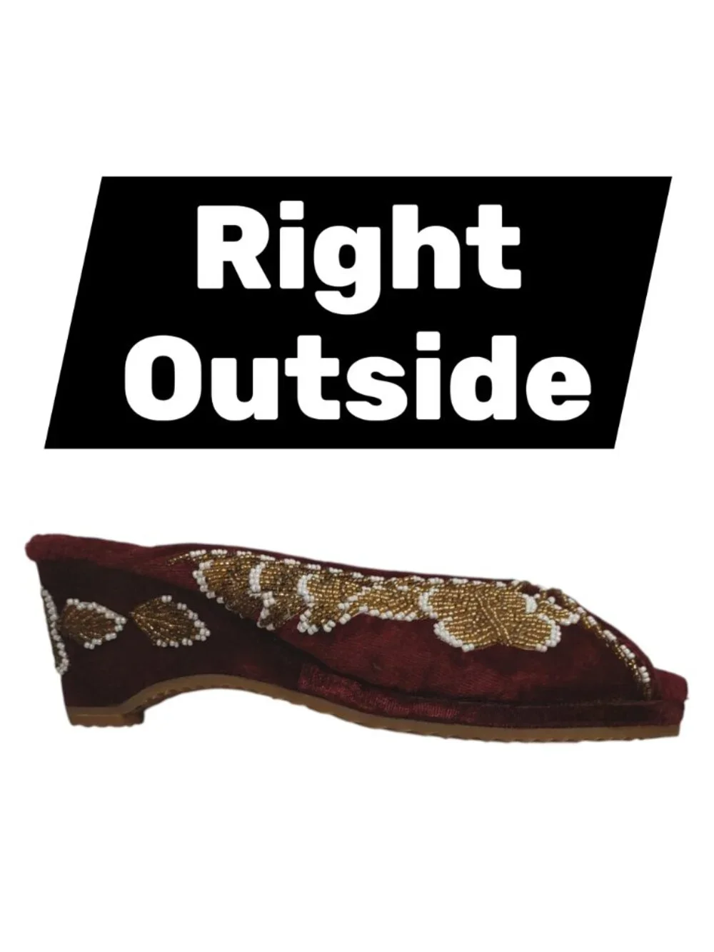 Retro/Vintage 70s Maroon Velvet Butterfly Beaded Gold White Wedge Slippers US 5